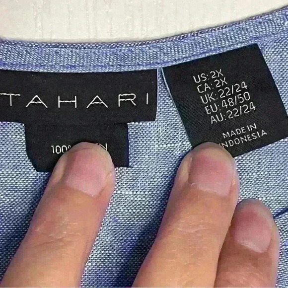 Tahari Blue 2X Blue Linen Top hi low - Picture 3 of 4